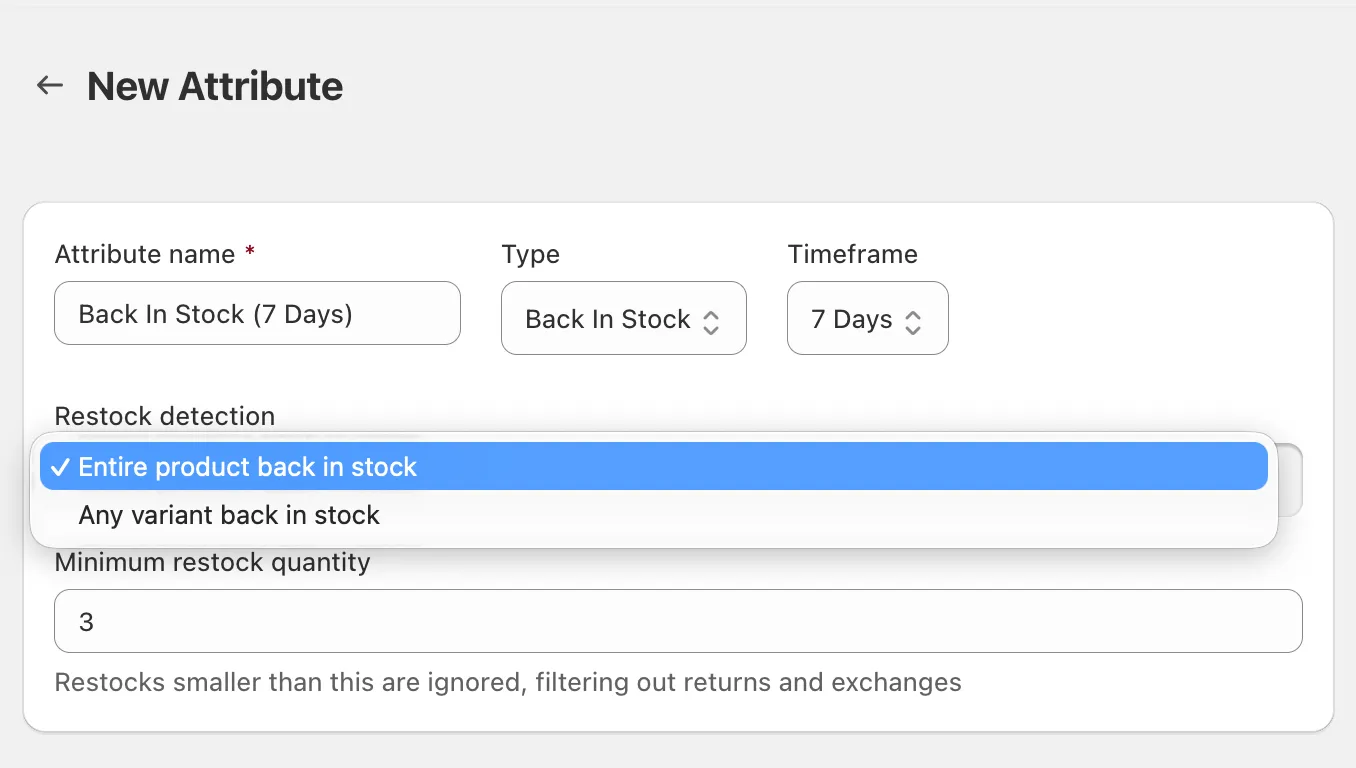Back In Stock attribute editor showing the restock detection mode dropdown and minimum restock quantity field
