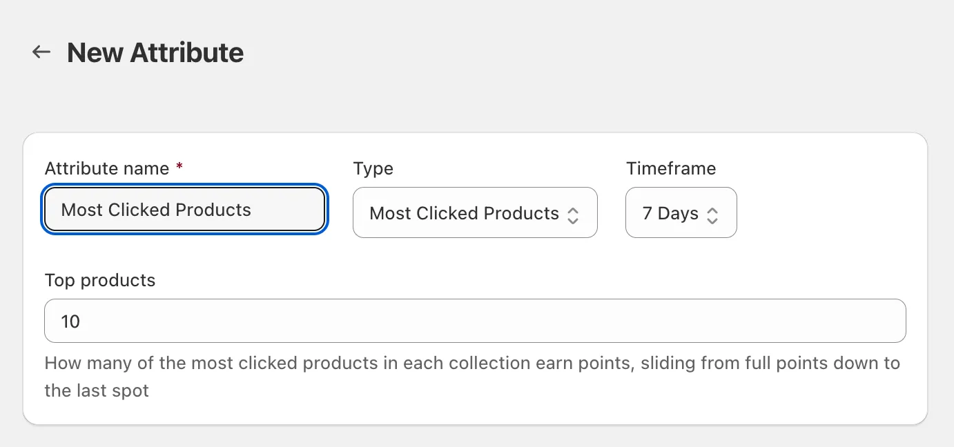Most Clicked Products attribute editor showing the timeframe and top products fields