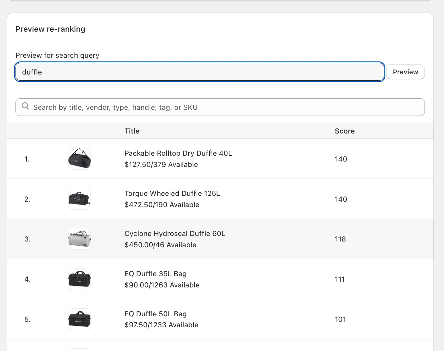 Preview re-ranking showing reordered results for a query
