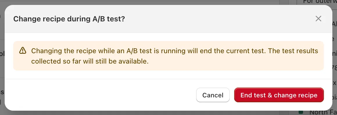 Warning modal: changing recipe will end the active test