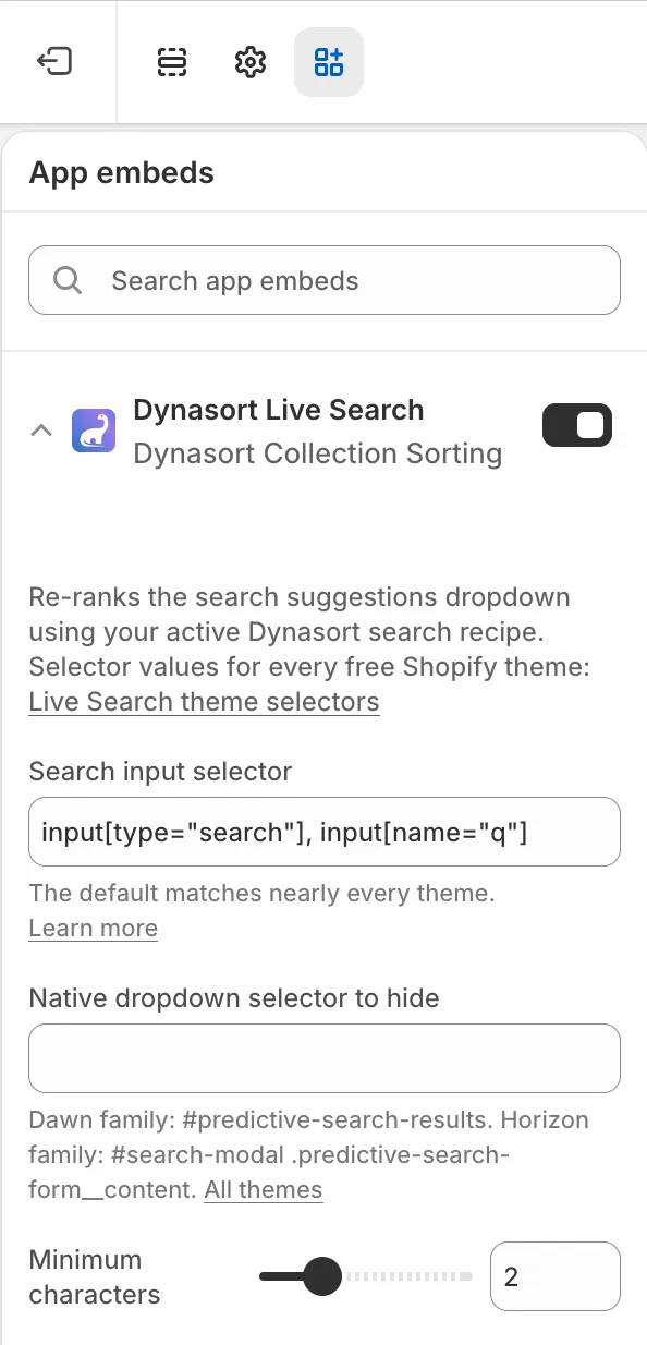 The Dynasort Live Search embed settings in the theme editor, showing the two selector fields